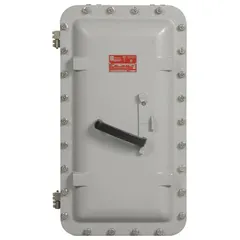 Enclosed circuit breaker for hazardous locations where flammable gases or dusts may be present. Provides overcurrent protection and disconnection for industrial electrical systems. Rated 600V AC, 600 A, with a maximum interrupting rating of 65kA at 240V AC. Includes a Cutler-Hammer circuit breaker on a 600/LD frame size.