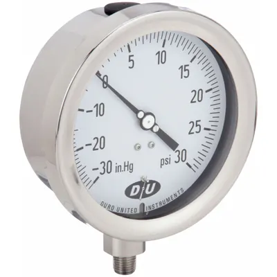 DURO Industrial Compound Gauge: 0 psi to 30 psi, White, 4 1/2 in Dial, 1/4 in NPT Male - All-Stainless Steel Wetted Parts & Casing