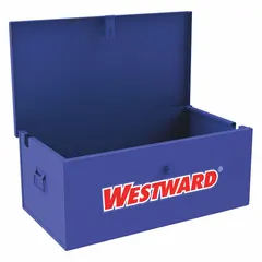 Chest-style jobsite box with 3.3 cu ft capacity. Measures 30 11/16 in W x 17 9/16 in D x 12 1/8 in H. Features a padlock hasp (lock not included) and blue finish. Used for storing and securing tools, parts, and equipment on job sites, in workshops, and industrial facilities.