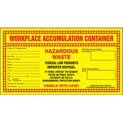 Paper label with yellow background, 11 inches wide by 6 inches tall. Message states 'Hazardous Waste Federal Law Prohibits Improper Disposal. If Found, Contact the Nearest Police or Public Safety Authority, or the U.S. Environmental Protection Agency'. Sold in packs of 25. Used for marking containers holding hazardous waste in compliance with federal regulations.
