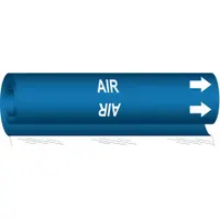 Blue wrap-around pipe marker with white 'Air' legend and directional arrows. Fits pipe outer diameters from 2-1/2 to 7-7/8 inches. Used for identifying air piping systems in industrial facilities