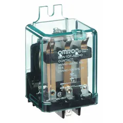 Surface-mounted relay with side flange mounting and square base. SPDT configuration rated 10 A at 240V AC and 3 A at 600V AC (inductive load). Equipped with quick-connect terminals for electrical connections. Suitable for switching loads in industrial control panels, motor control, and general automation circuits.
