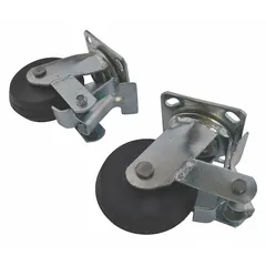 Replacement caster assembly for Dayton welding fume extractors. Features integrated brakes for secure positioning. Overall width 5 in. Compatible with extractor manufacturer part number 2HNT3.