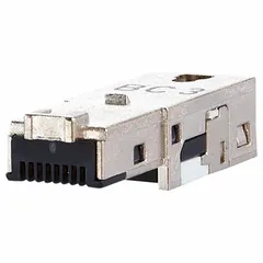 This Cat6 male straight RJ45 connector is designed for field termination using insulation displacement technology. It features a zinc die-cast housing with an IP67 rating, suitable for industrial environments requiring rugged connectivity. The connector supports data, HDBaseT, and power transmission, and is available in a metallike finish.