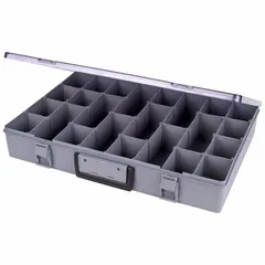 This gray plastic compartmented box features adjustable dividers for organizing small parts such as fasteners, fittings, or components. Compartments measure 2-1/8 in x 3 in. Not electrostatic discharge conductive. Suitable for workshops, maintenance facilities, and assembly lines.