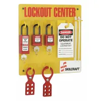Wall-mounted lockout station with open front and board-only visibility. Made of PETG. Includes 28 components: (2) 1.5 in shackle padlocks keyed different, each with (2) keys. Suitable for organizing lockout/tagout devices in industrial facilities