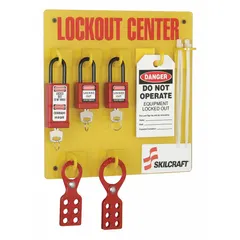 Wall-mounted lockout station with open front and board-only visibility. Made of PETG. Includes 28 components: (2) 1.5 in shackle padlocks keyed different, each with (2) keys. Suitable for organizing lockout/tagout devices in industrial facilities.