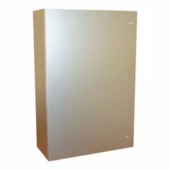 This HAMMOND enclosure is fabricated from 304 stainless steel and measures 36 x 24 x 10 inches. It is rated NEMA 12/13/3R/4/4X for protection against dust, water, and corrosion in indoor or outdoor environments. The hinged cover is secured with a 1/4-turn latch; knockouts are not included. Typical applications include housing electrical controls, terminals, and instruments in washdown areas or corrosive locations.