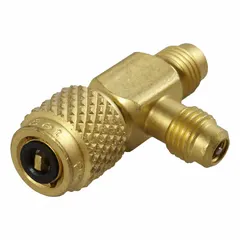 Multi-connection access valve configured as an elbow with a 1/4 in Male SAE Right-Hand connection and a 1/4 in SAE Female line connection. Used in HVAC and refrigeration systems to provide a service port for pressure testing, charging, or evacuating refrigerant lines. Supplied in a 3-pack.