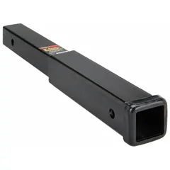 This hitch receiver extension adds 18 inches of reach to a vehicle's hitch receiver, providing additional clearance for towing trailers or accessories. It measures 2 1/4 inches in overall width and height, fitting standard Class III or IV receivers. Suitable for fleet and vehicle maintenance applications where extended hitch access is needed.