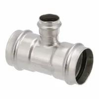 This stainless steel press tee fitting creates a branch connection in copper tube size piping systems. It joins two 2 in CTS main line pipes and one 1 in CTS branch pipe using a rubber seal for leak-tight joints. Suitable for potable water applications