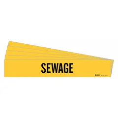 Yellow adhesive pipe marker with black legend reading 'Sewage' and no arrows. Fits pipe outer diameters from 2-1/2 to 7-7/8 inches. Sold in a pack of 5. Used for identifying sewage pipes in industrial facilities.