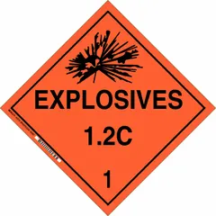 This BRADY placard measures 10 3/4 in x 10 3/4 in and displays the message 'Explosives 1.2 C 1'. It is used for identifying hazardous materials as Class 1 explosives during transport, meeting DOT placarding requirements for containers.