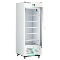 Upright pharmacy and vaccine refrigerator with a 26 cu ft capacity. Maintains a temperature range of 1°C to 10°C. Features a swing glass door with right-opening style, door ajar alarm, and uses R-290 refrigerant. Suitable for storing vaccines, pharmaceuticals, and lab samples requiring stable cooling.