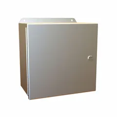 Aluminum enclosure measuring 10 x 10 x 6 inches with hinged cover and latches. Rated NEMA 12/13/3R/4/4X for protection against dust, rain, hose-down, and corrosion. Includes an inner panel; knockouts are not provided. Suitable for housing electrical controls, terminals, and instruments in indoor or outdoor industrial environments.