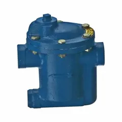 Cast-iron inverted-bucket steam trap with 2-inch FNPT connection, rated for 9,800 lb/hr capacity and 225 psi maximum pressure. In-line configuration for horizontal installation. Automatically drains condensate from steam lines while preventing steam loss. Strainer not included.
