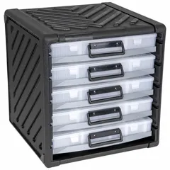 Plastic compartmented-box system with black base and clear lid. Includes 16 adjustable dividers for custom compartment sizes. Compartments measure 13-1/8 x 1-15/16 in. Not electrostatic discharge conductive. Suitable for organizing small components in workshops, maintenance areas, and assembly lines.