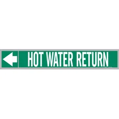 Green fiberglass carrier-mounted pipe marker with white legend reading 'Hot Water Return' and directional arrows. Fits pipe outer diameters from 2-1/2 to 6 inches. Pack of 25 markers for identifying hot water return piping in industrial facilities.