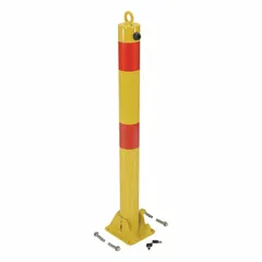 Bolt-on carbon steel bollard with 3 in diameter and 35 1/2 in install height, finished in yellow. Includes (2) keys for locking. Used to protect building entrances, loading docks, and equipment from vehicle impact while allowing temporary access when folded down.