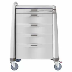 This polymer medical supply cart features a cream cabinet and cream drawers, with a caster configuration of one swivel with brake and three swivel casters. It is designed for organizing and transporting instruments and supplies in clinical settings.