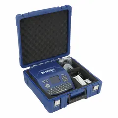 Portable label printer with 2-inch print width and 300 dpi resolution for on-site identification and labeling. Includes battery, media adapter, halogen-free printer ribbon (M7-R6000), and Brady Workstation Basic Design Suite software. Suitable for asset tracking, cable marking, and safety signage in industrial environments.