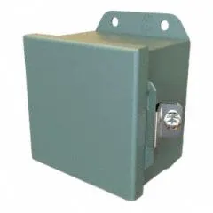 This steel washdown enclosure measures 16 x 14 x 6 inches and features a solid hinged cover secured by clamps. Rated NEMA 12/13/3R/4, it protects against dust, falling dirt, rain, sleet, and hose-directed water. Suitable for indoor or outdoor use in industrial environments where washdown is required. Knockouts are not included.