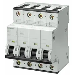 This 4-pole supplementary protector with D-curve trip characteristic is rated 25 A, 400 V AC and 72 V DC, with a breaking capacity of 10 kA at 400 V AC. It features screw clamp terminals and is designed for DIN rail mounting. Typical applications include overcurrent and short-circuit protection of industrial control circuits and equipment.