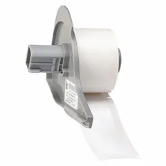 White gloss polyester precut label roll measuring 3 in x 1 in, with 100 labels per roll. Designed for use with BMP71 printer series. Suitable for industrial identification and labeling tasks such as asset tracking, cable marking, and safety signage.