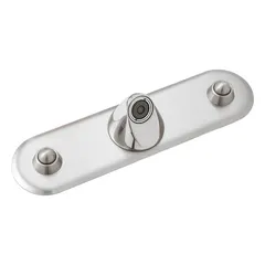 This centerset faucet is constructed of brass with a chrome finish and operates pneumatically with manual push-button control. It connects to both hot and cold water supply lines. Suitable for institutional settings requiring durable, easy-to-operate fixtures.