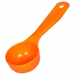 Solid acetal portion control spoon with a 2.5 oz capacity, orange color, and short handle. NSF certified for food service use. Suitable for dispensing consistent portions of solid foods in commercial kitchens.