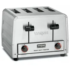 Four-slot pop-up toaster with stainless steel construction. Rated at 2,200 W and 120V AC, it produces 300 slices per hour. cETL Listed for commercial foodservice use.