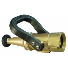 Solid stream shut off nozzle with constant pressure (automatic) regulation. Rigid brass body with NPSH threads and ball shutoff activation via handle. Used in firefighting and industrial water delivery for structural fire attack, high-reach operations, and dewatering.