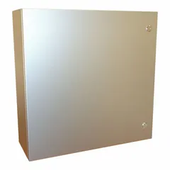 This 304 stainless steel enclosure measures 24 x 24 x 8 inches and is rated NEMA 12/13/3R/4/4X for indoor or outdoor use where protection against dust, water, and corrosion is required. It features a 1/4-turn latch closure and does not include knockouts. Typical applications include housing electrical controls, terminals, and instruments in industrial environments.