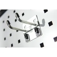 This locking clip hook is designed for square-hole pegboard, featuring a 10-degree double rod configuration for secure storage of tools and equipment. Made of zinc-plated steel with a silver finish, each hook has a 2 in depth. Suitable for organizing items in workshops, garages, and industrial storage areas.