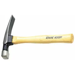This bricklayer's hammer features a 12-inch overall length with a wood handle and perpendicular head orientation. It has a 1 1/4-inch blade for chipping and shaping brick, and a 3/4-inch face for driving masonry nails. Suitable for cutting, tapping, and setting brick, block, and stone in masonry work.
