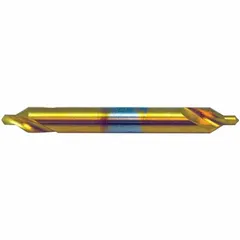 This double-end plain-tip center drill is made from TiN-coated high-speed steel. It has a #8 size, 82° included angle, and 6-inch overall length. Used for creating precise conical starting holes in workpieces for lathe turning or grinding operations.