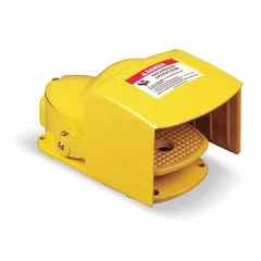 Single-pedal foot switch with maintained switch action and SPST configuration. Electrically corded, includes a foot guard. Suitable for machine control, assembly line actuation, and industrial equipment requiring hands-free operation.