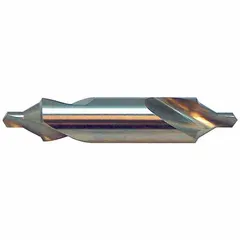 This KEO center drill is a double-end bell type, size #14, with a 60° angle and 2 1/8 in overall length. Constructed from TiN coated cobalt, it is used to create conical starting holes in workpieces for lathe centers, ensuring precise alignment in machining operations.