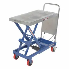 Steel scissor-lift table with powered lift and manual push. Platform size 32 in L x 19 1/2 in W, load capacity 500 lb, maximum lifting height 42 in. Used in industrial facilities for ergonomic positioning of loads at assembly lines or maintenance tasks.