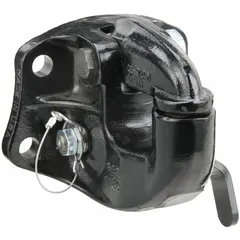 Iron pintle hook with powder-coated finish. Gross trailer weight capacity of 90,000 lb. Used for heavy-duty towing applications such as connecting trailers to trucks or industrial vehicles.