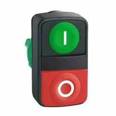 Non-illuminated two-button push-button operator with flush profile and 22 mm mounting size. Momentary/momentary contact operation. Suitable for control panels and industrial machinery requiring compact multihead operators.