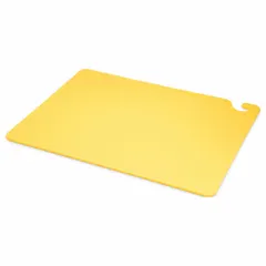 This yellow co-polymer cutting board measures 18 inches wide by 24 inches long. It is NSF Certified for sanitation compliance in food-contact surfaces. Commonly used in commercial kitchens and food service operations for food preparation and transport.