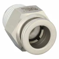 Stainless steel tube fitting with Push-to-Connect x MNPT configuration. Connects 3/8 in OD to 1/4 in OD tubing with a 1/4" male NPT thread. Used in pneumatic systems for air, water, or inert gas lines