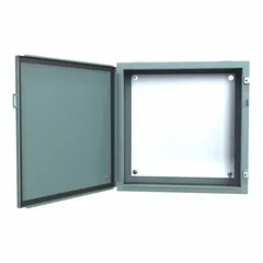 This steel enclosure is rated NEMA 12/13 for protection against dust, dirt, and dripping non-corrosive liquids. It measures 24 x 24 x 10 inches and includes a panel with a solid hinged cover secured by clamps. Typical applications include housing electrical controls and instruments in industrial environments such as machining, material handling, and HVAC systems.