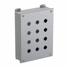 This HAMMOND enclosure is constructed from carbon steel and features 12 holes for mounting 22mm push buttons and operators. Designed for indoor use, it provides protection against dust and water droplets in accordance with NEMA 12/13 standards. Suitable for industrial control applications requiring a robust housing for operator interface devices.