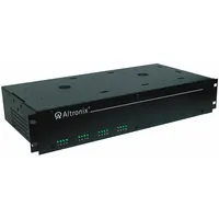 Steel rack-mountable power supply board with enclosure, operating on 115V AC input and delivering 6-15 VDC at 10A. Features 16 fuses for individual circuit protection. Used for distributing fused DC power in industrial control systems, security panels, and access control racks
