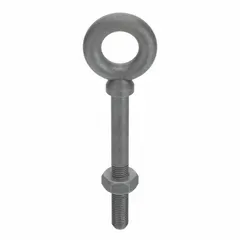This machinery eye bolt with shoulder is used for lifting and rigging applications, providing a secure attachment point for slings, hooks, or cables. The shoulder design offers a stable bearing surface for angular lifts. Made from galvanized steel, it features a 7/8"-9 thread size and 4 in thread length. A nut is included.