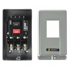 Enclosed non-reversing manual motor starter with thermal overload protection. 3 poles, 30 A rating, NEMA Size M-1, maximum 600V AC. Requires 3 thermal units (not included). Used for starting and stopping motors in industrial applications.