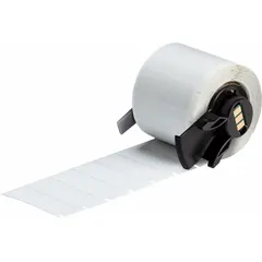 Precut wraparound label roll made of polyvinyl fluoride with black printing on white background. Designed for 20 AWG wire gauge, each label measures 1/2 in x 1 1/2 in. Compatible with BMP71 printer series and requires M61-R4310 ribbon. Used for permanent wire and cable identification in industrial electrical panels, control cabinets, and machinery.