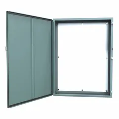 Steel enclosure rated NEMA 12/13 for protection against dust, dirt, oil, and water seepage. Measures 48 x 36 x 10 inches with a solid hinged cover secured by clamps. Includes a mounting panel; knockouts are not provided. Suitable for housing electrical controls and instruments in industrial environments.
